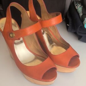 Coach Coral/Orange Leather Wedge Sandals